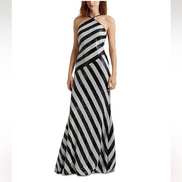 Lauren Ralph Lauren Sequin Striped Halter Neck Gown in Black/ White Size 8 - Picture 6 of 16
